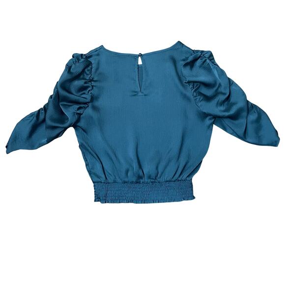 Paper Crane Women's T41729P Ocean Blue Ruched Sleeve Smocked Hem Crop Top Size M - Picture 5 of 14